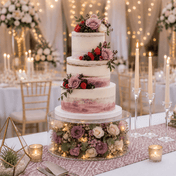 Multi-tier wedding cake on a clear acrylic fillable riser with flowers and lights - thumbnail number 3