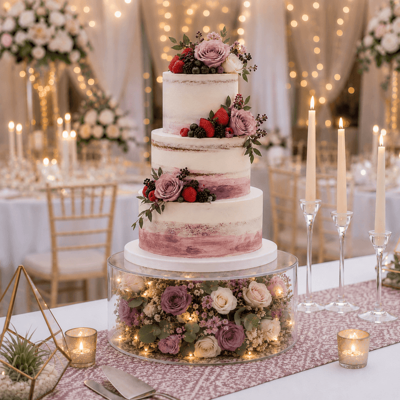 Multi-tier wedding cake on a clear acrylic fillable riser with flowers and lights - thumbnail number 3