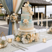 Three-tier wedding cake on a clear fillable acrylic riser with floral decor - thumbnail number 5