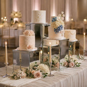 Silver mirrored acrylic display boxes holding multiple wedding cakes - thumbnail number 2