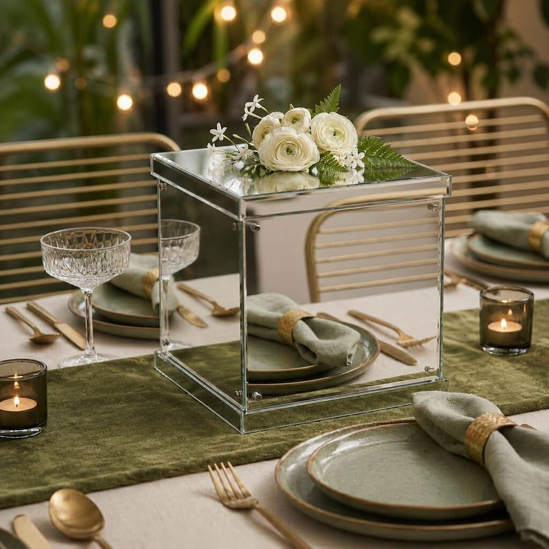 Silver mirrored acrylic display box topped with white flowers as a table centerpiece - thumbnail number 3