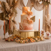 Gold mirror acrylic riser displaying a boho wedding cake with florals and candles - thumbnail number 2