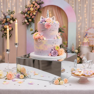 Silver mirror finish acrylic box stand displaying a unicorn themed birthday cake and candles - thumbnail number 3