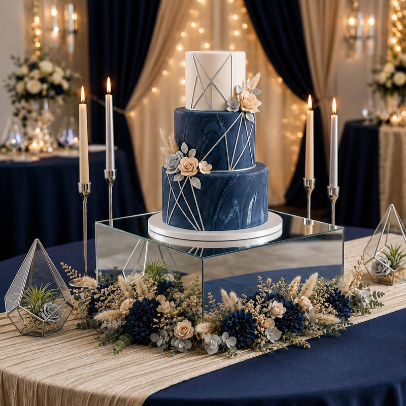 Geometric navy wedding cake on a silver mirror acrylic riser surrounded by florals - thumbnail number 4