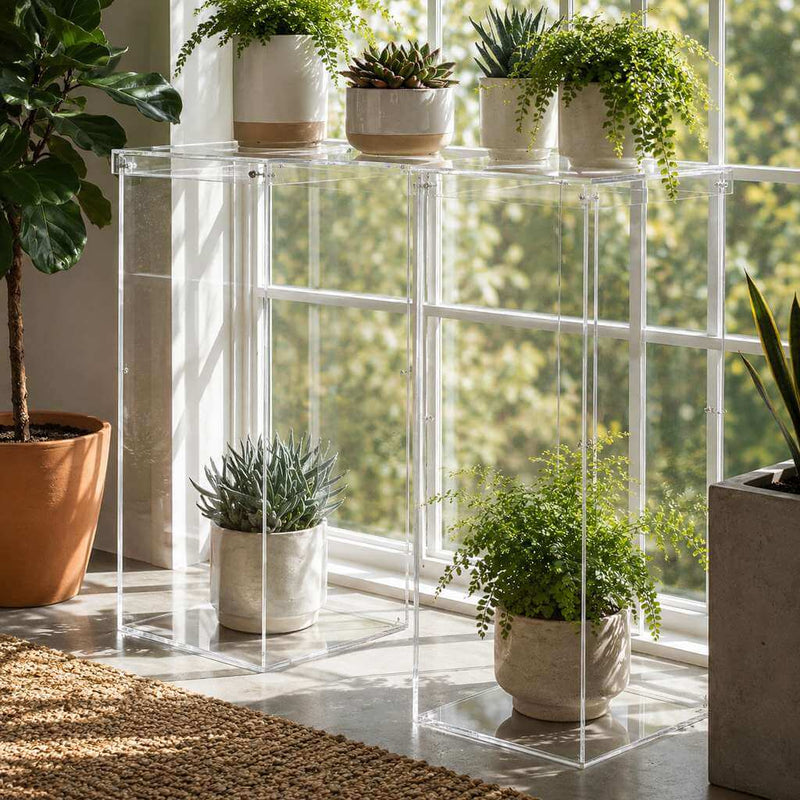 Clear acrylic connector plate table bridge holding potted plants by a sunny window - thumbnail number 8