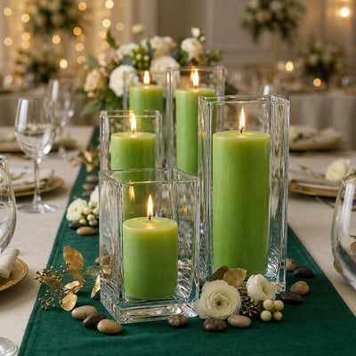 Richland Pillar Candle 9" & Eastland Square Holder 12" Set of 12 - Green - thumbnail number 5