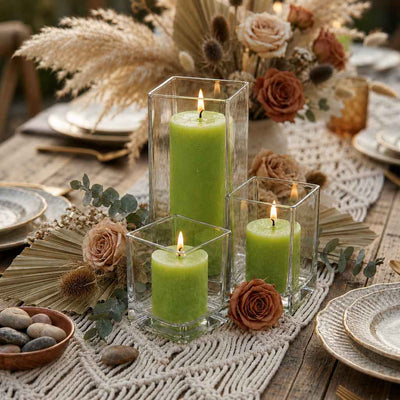 Richland Pillar Candle 9" & Eastland Square Holder 12" Set of 12 - Green - thumbnail number 4