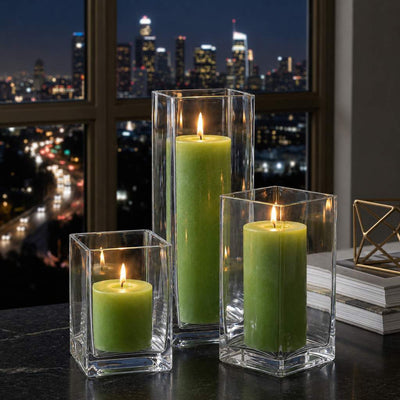Richland Pillar Candle 9" & Eastland Square Holder 12" Set of 12 - Green - thumbnail number 6