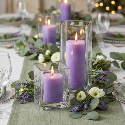 Richland Pillar Candle 9" & Eastland Square Holder 12" Set of 12 - Lavender - thumbnail number 5