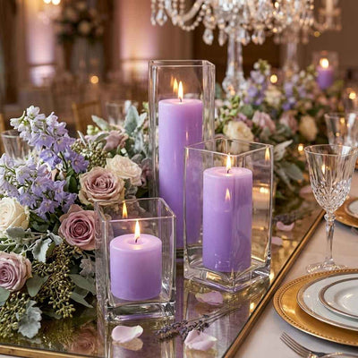 Richland Pillar Candle 9" & Eastland Square Holder 12" Set of 12 - Lavender - thumbnail number 4