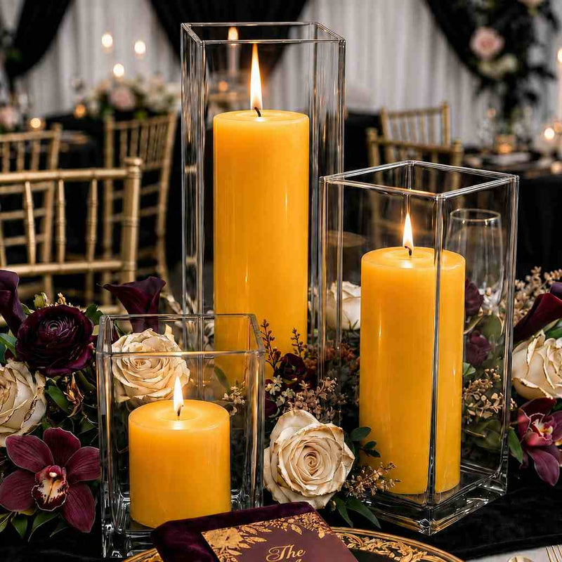 Richland Pillar Candle 9" & Eastland Square Holder 12" Set of 12 - Yellow - thumbnail number 3