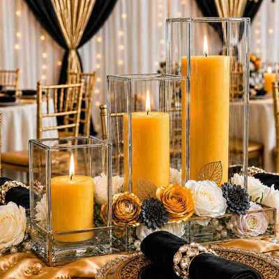 Richland Pillar Candle 9" & Eastland Square Holder 12" Set of 12 - Yellow - thumbnail number 4