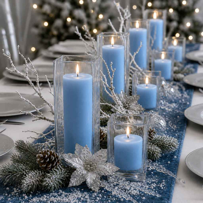 Lit light blue candle and square holder decor on a blue runner with winter elements and pinecones - thumbnail number 4