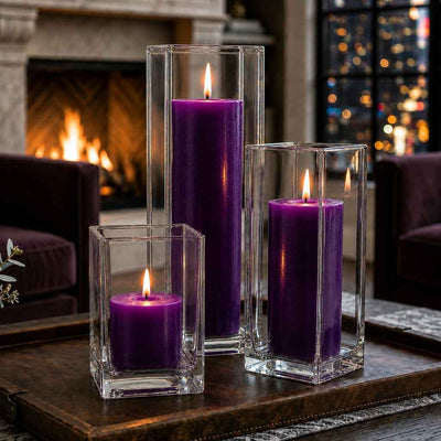 Richland Pillar Candle 9" & Eastland Square Holder 12" Set of 12 - Purple - thumbnail number 7