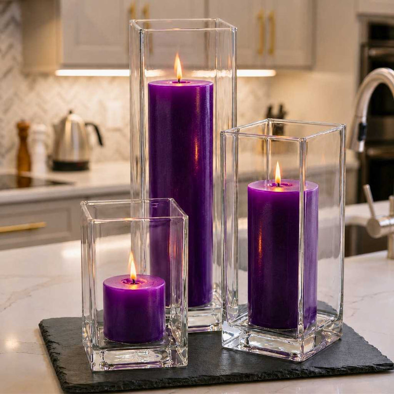 Richland Pillar Candle 9" & Eastland Square Holder 12" Set of 12 - Purple - thumbnail number 6
