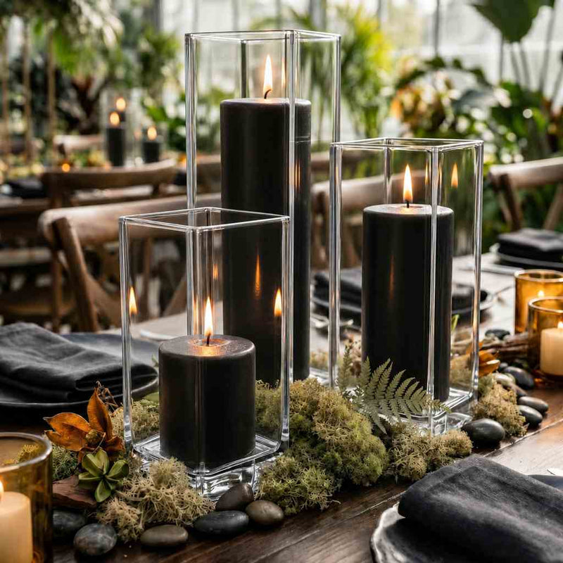 Richland Pillar Candle 9" & Eastland Square Holder 12" Set of 12 - Black - thumbnail number 5