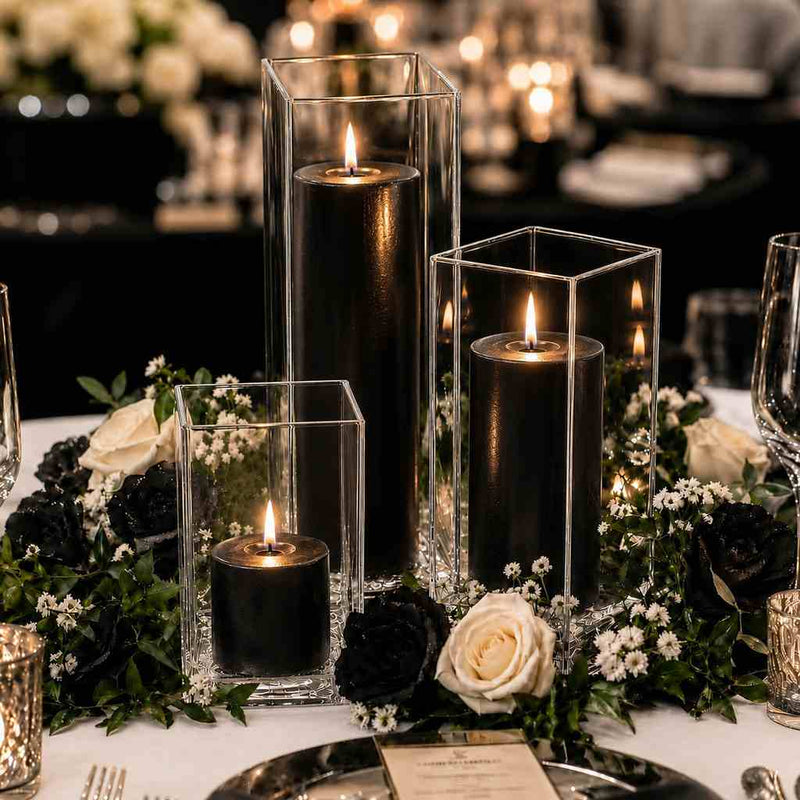 Richland Pillar Candle 9" & Eastland Square Holder 12" Set of 12 - Black - thumbnail number 4