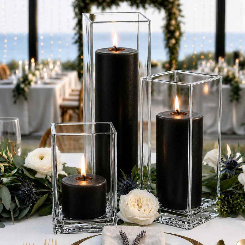 Richland Pillar Candle 9" & Eastland Square Holder 12" Set of 12 - Black - thumbnail number 3