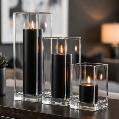 Richland Pillar Candle 9" & Eastland Square Holder 12" Set of 12 - Black - thumbnail number 7