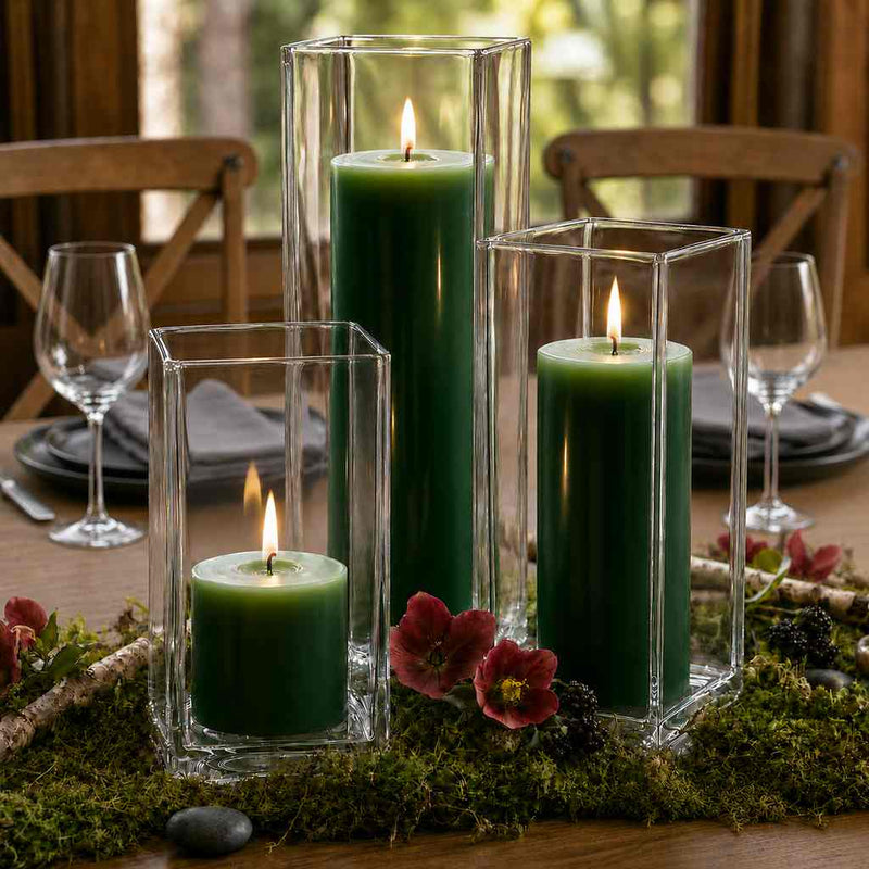 Three lit dark green candle and square holder sets on a mossy centerpiece with red winter flowers - thumbnail number 4