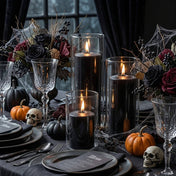 Black candles in glass cylinders with skulls and pumpkins on a decorated table - thumbnail number 5