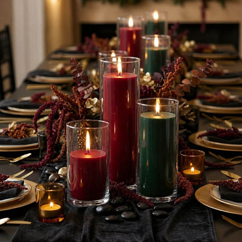 Festive table setting with red and green pillar candles in glass vases - thumbnail number 5
