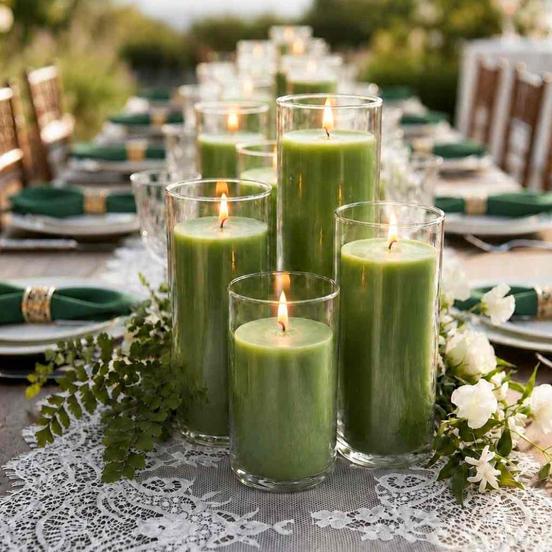 Four green pillar candles in glass cylinders on a lace table runner with white flowers - thumbnail number 4