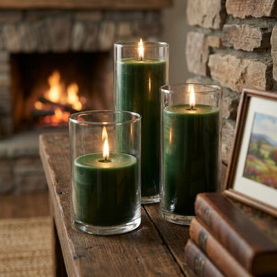 Three dark green pillar candles in glass cylinders on a wooden table near a fireplace - thumbnail number 7