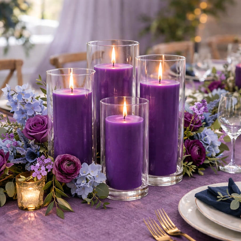 Purple candles in glass cylinders surrounded by purple and blue flowers - thumbnail number 4