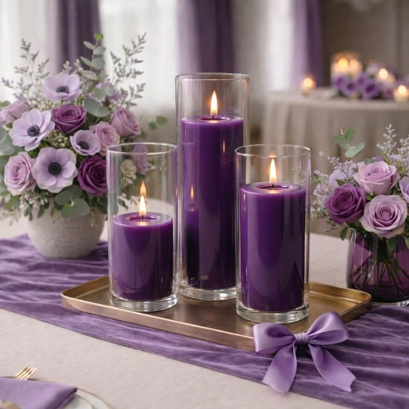 Elegant purple candles on a gold tray with pastel floral arrangements - thumbnail number 5