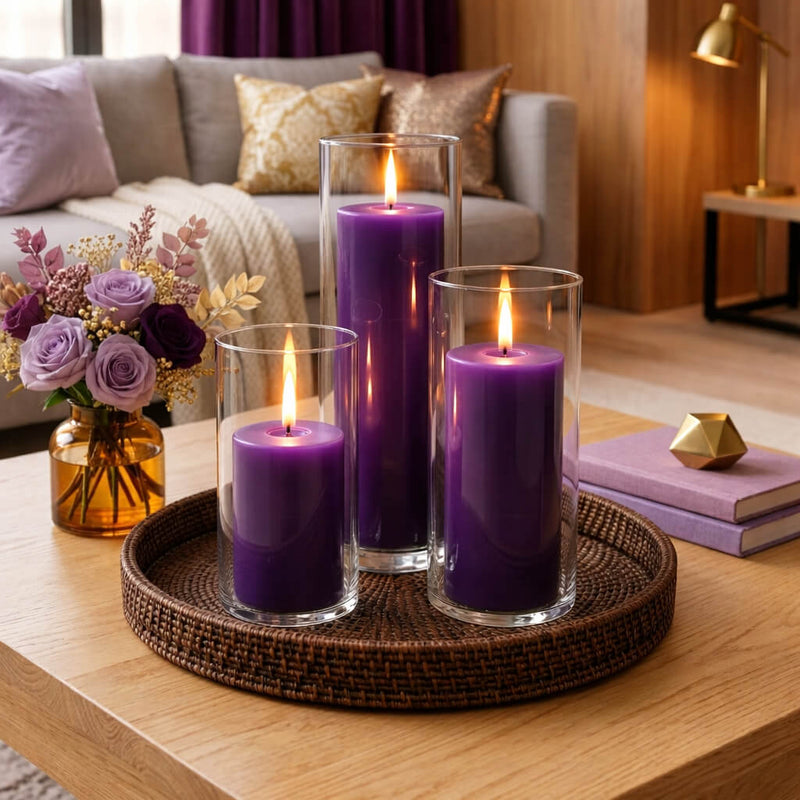 Glowing purple candles in clear glass vases with warm home decor - thumbnail number 7