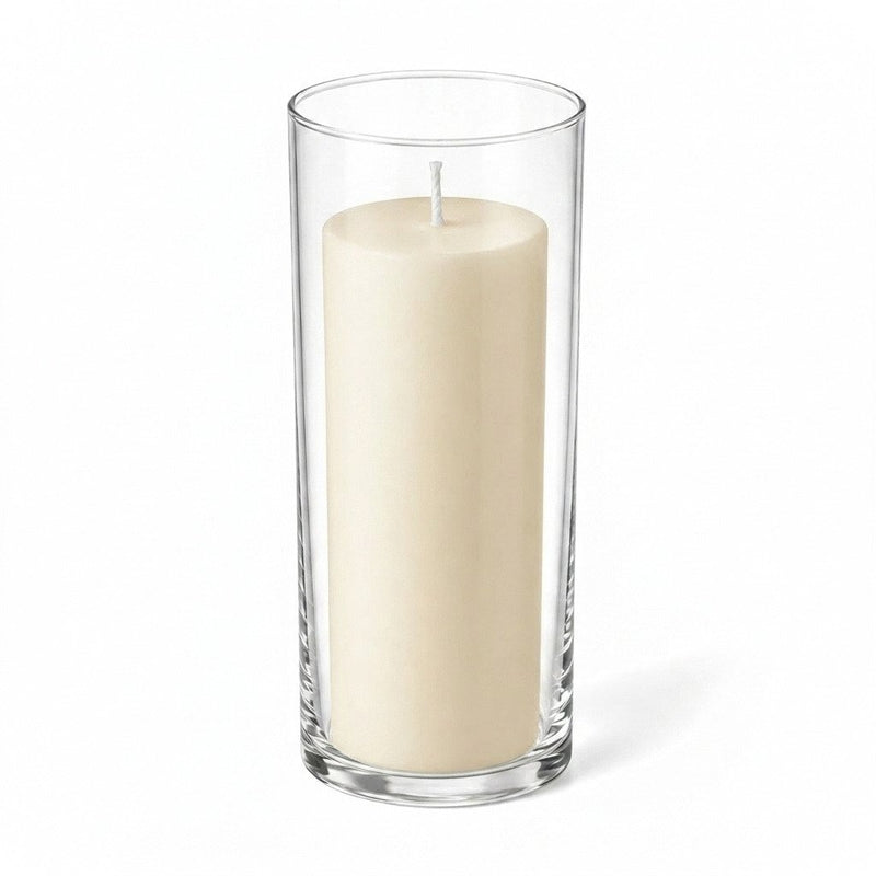 Light ivory pillar candle displayed in a transparent glass holder - thumbnail number 1