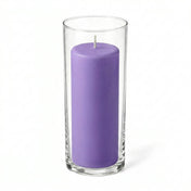 Tall glass candle holder with a lavender pillar candle - thumbnail number 1