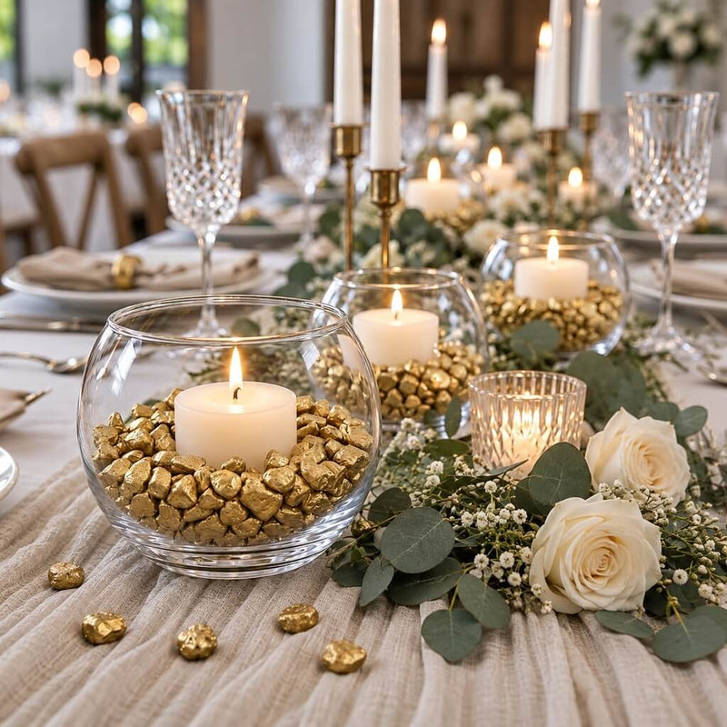 Glass globes with candles and metallic gold stones on a wedding table - thumbnail number 3