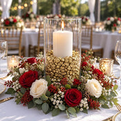 A tall glass candle holder filled with metallic gold stones surrounded by a floral centerpiece - thumbnail number 2