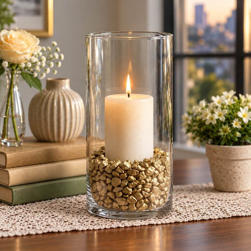 Tall glass cylinder candle holder filled with metallic gold stones and a lit candle - thumbnail number 6