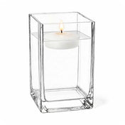 Clear 6" square vase filled with water and a lit floating candle - thumbnail number 5