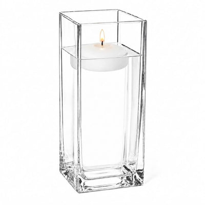 Clear 12" square vase filled with water and a lit floating candle - thumbnail number 5