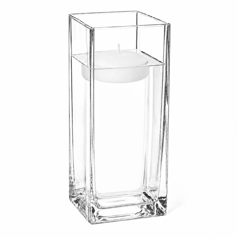 Clear 12" square vase filled with water and a floating candle - thumbnail number 4
