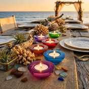 Romantic beach tablescape with colorful tealight candle holders and ocean sunset view - thumbnail number 10
