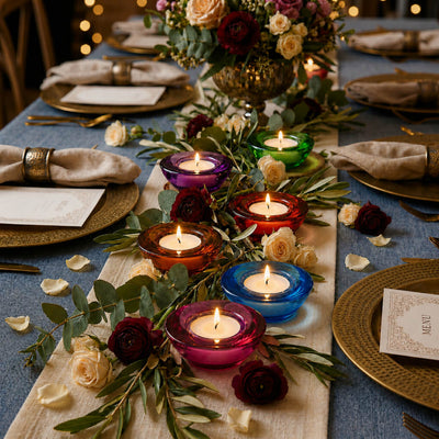 Multicolor tealight holders glowing among roses and greenery on table - thumbnail number 12