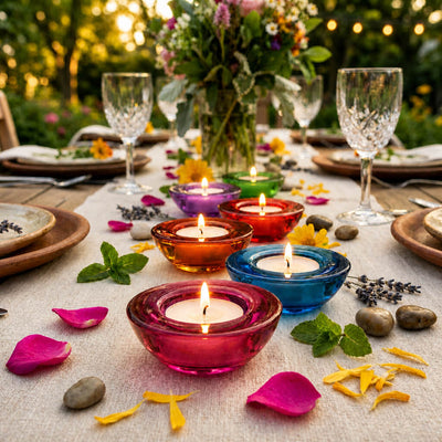 Garden party table featuring a centerpiece of multi-colored tealight holders - thumbnail number 11