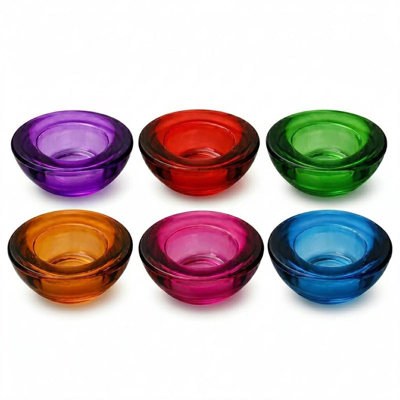 Six colorful glass tealight holders on white background - thumbnail number 1