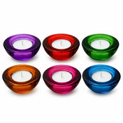 Six colorful glass tealight holders with tea light candles on white background - thumbnail number 2