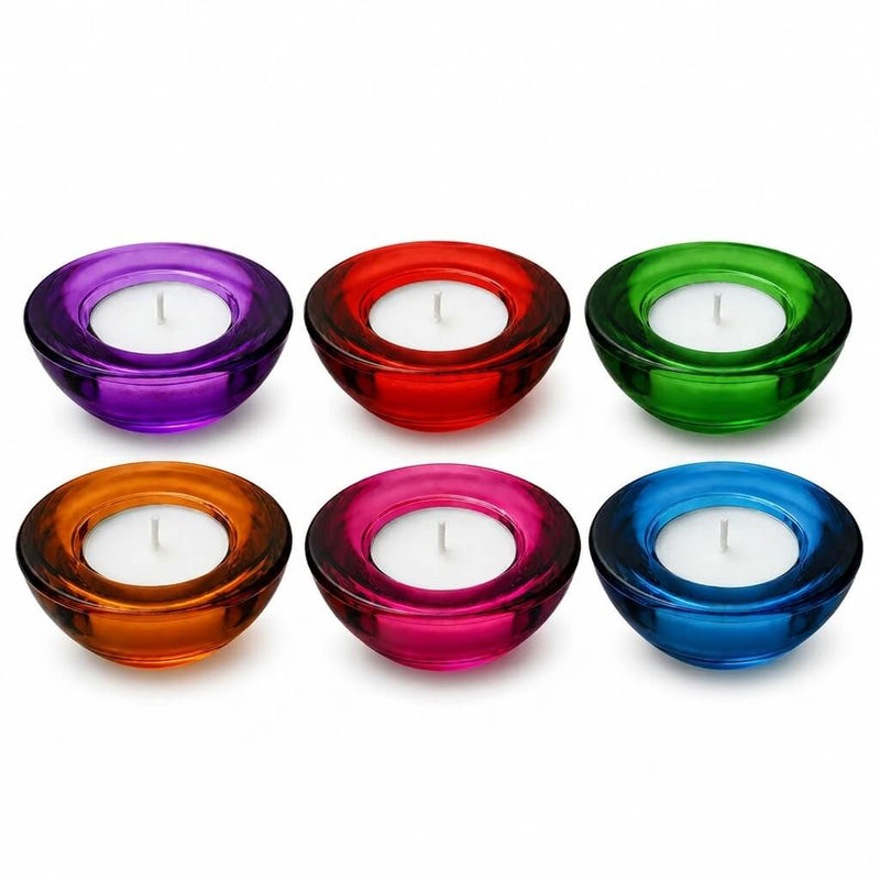 Six colorful glass tealight holders with tea light candles on white background - thumbnail number 2