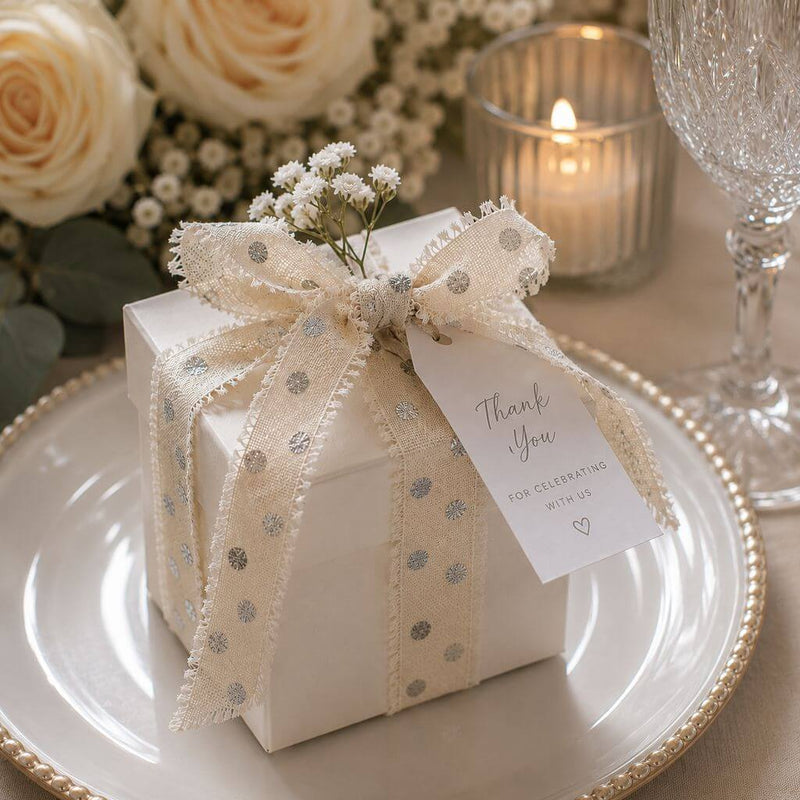 White gift box tied with linen ribbon, flowers, and a thank you tag - thumbnail number 3