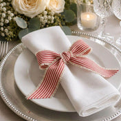 Red and white striped linen ribbon tied in a bow around a white napkin on a plate - thumbnail number 3