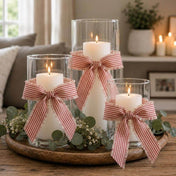 Glass candle holders with pillar candles tied with 2-inch fringed red line linen ribbon bows - thumbnail number 6