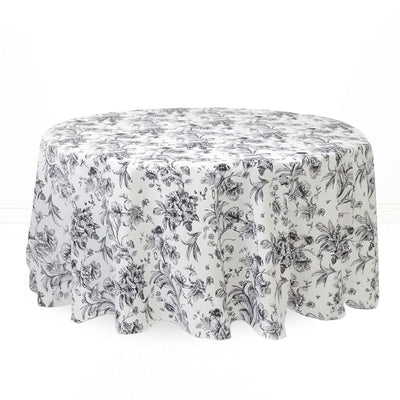 Polyester Round Tablecloth 120" White with French Toile Pattern - Black - By TCF Linen