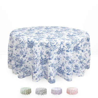 Polyester Round Tablecloth 120" White with French Toile Pattern - By TCF Linen - thumbnail number 1